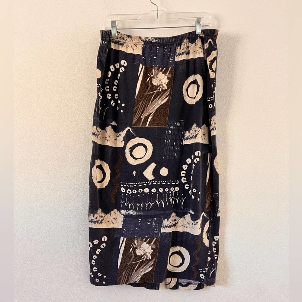 Vintage Chico’s Batik Floral Block Print Navy Blue Brown Cream Cotton Skirt 3